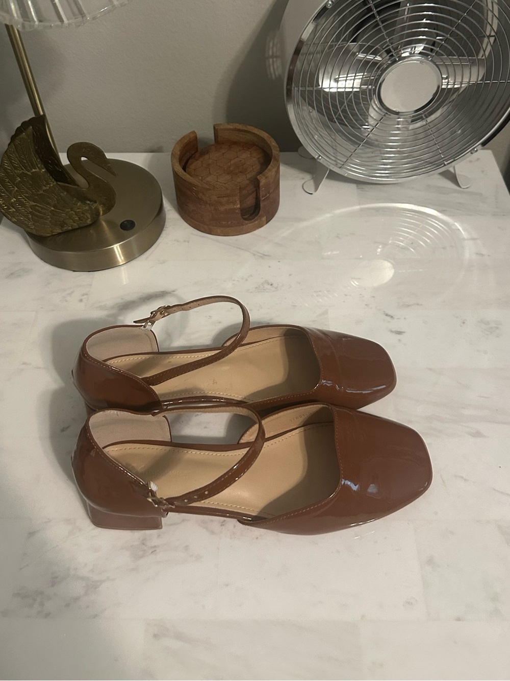 Women's Brown Patent Square-Toe Mary Jane Heels